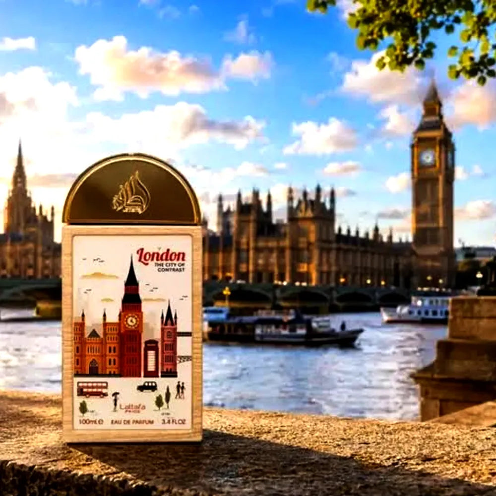 Vista frontal del perfume Lattafa Pride London The City of Contrast Eau de Parfum