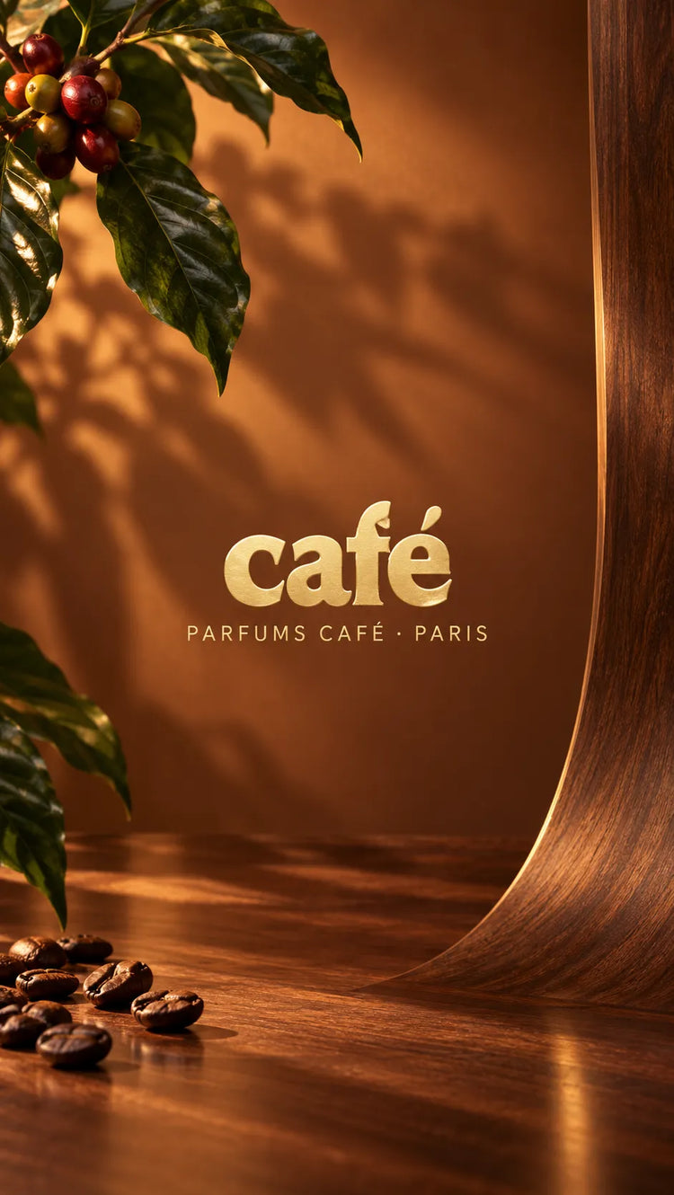 Logotipo dorado de Café Parfums Paris sobre fondo ámbar y madera, con hojas, frutos y granos de café bajo una luz cálida.