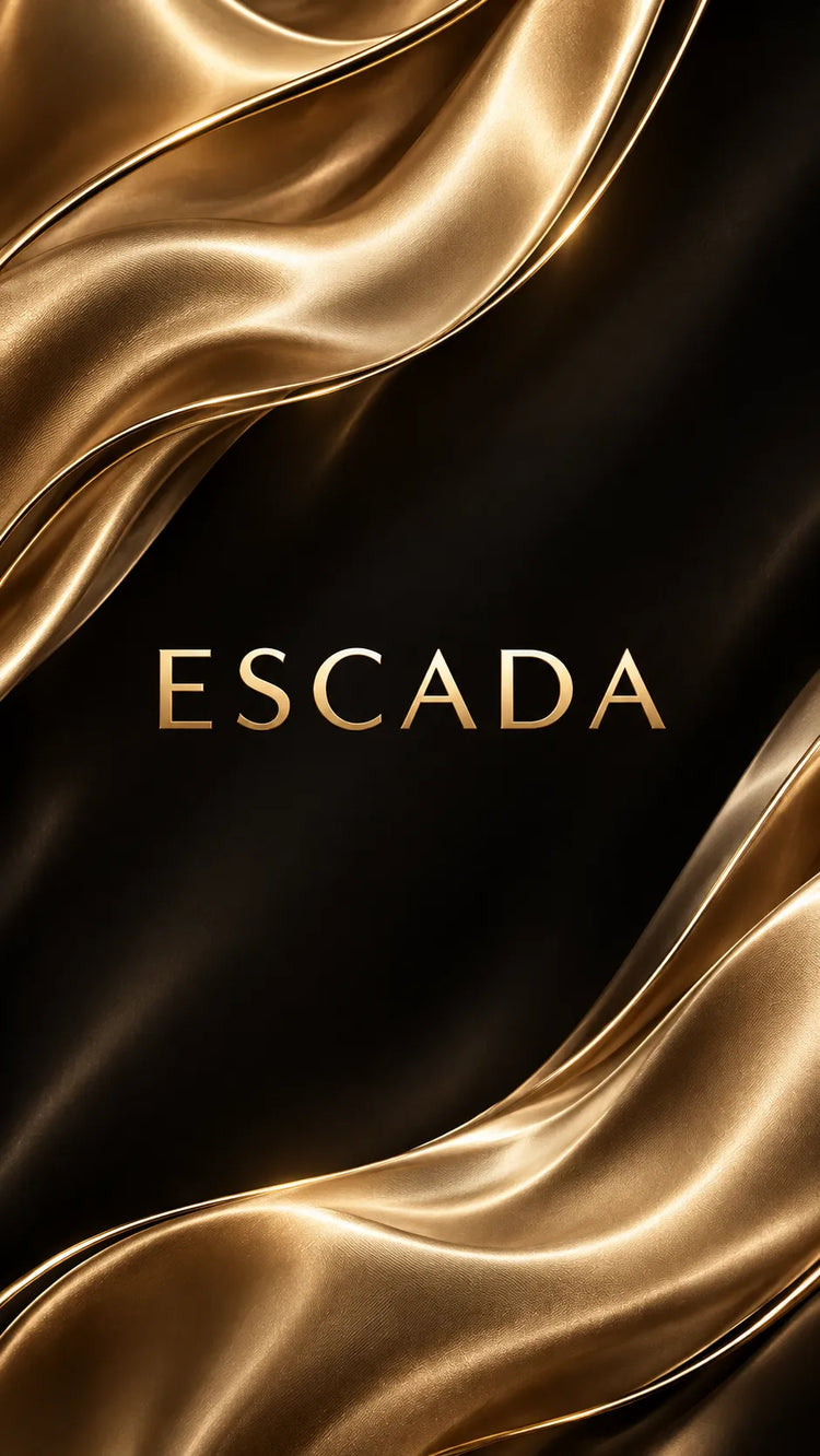Colección de perfumes Escada originales en Colombia, con el logotipo de Escada en una composición elegante de tonos negro y dorado.