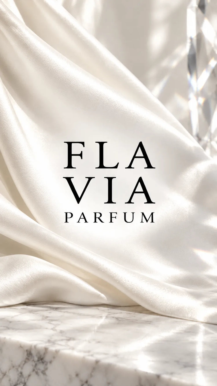 Logotipo negro de Flavia Parfum centrado sobre seda blanca, con una base de mármol y delicados reflejos de luz.