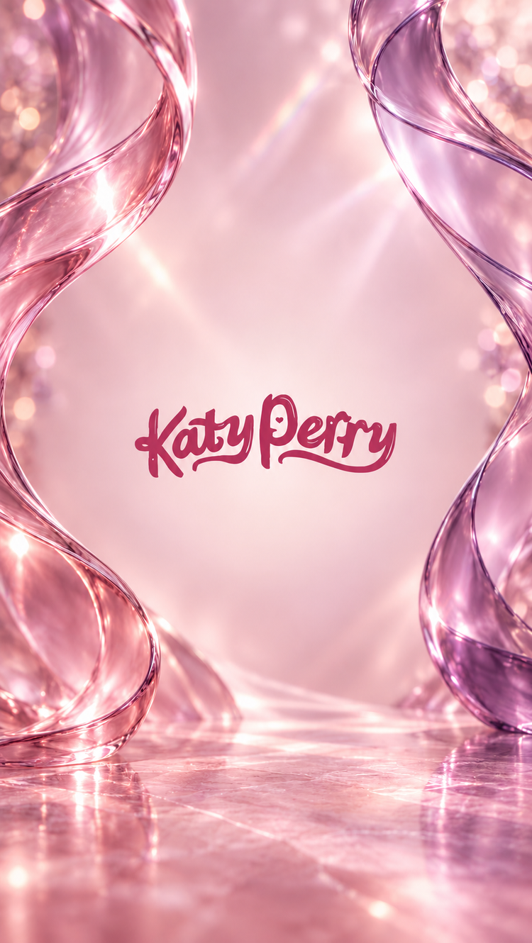 Logotipo rosa de Katy Perry centrado sobre un fondo rosado, rodeado de formas de cristal en tonos rosa y violeta.
