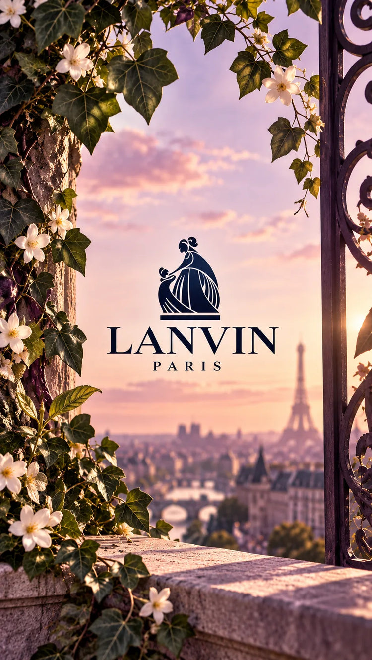 Perfumes Lanvin originales en Colombia, con el logotipo de la marca sobre un elegante escenario parisino al atardecer, rodeado de flores y vegetación.