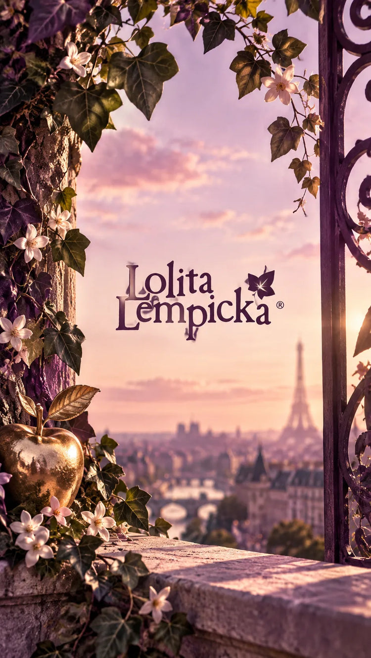 Colección de perfumes Lolita Lempicka originales en Colombia, con el logotipo de la marca en un escenario parisino de tonos púrpura, rosa y dorado.