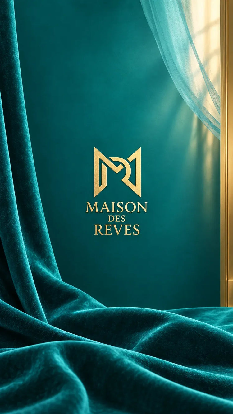 Logotipo dorado de Maison Des Reves centrado sobre fondo turquesa, con terciopelo, una cortina translúcida y luz cálida lateral.