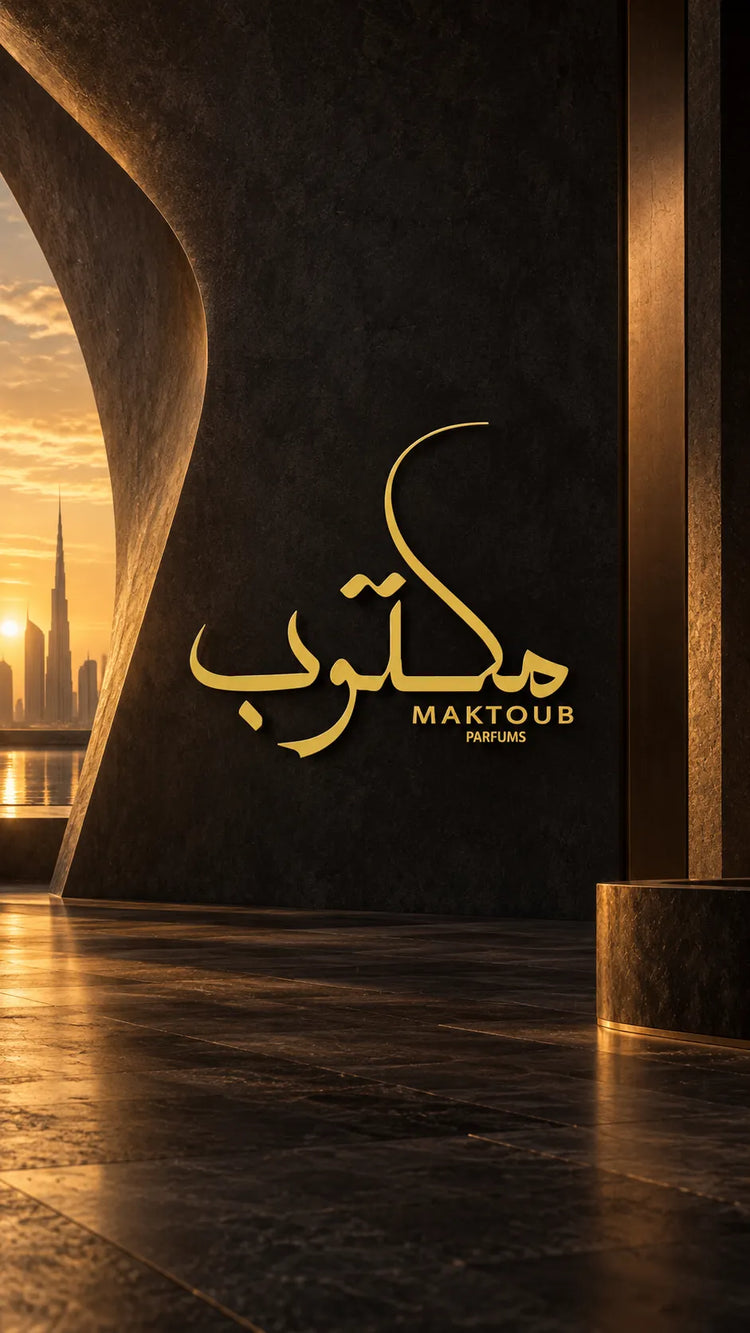 Logotipo dorado de Maktoub Parfums sobre piedra oscura, con arquitectura de Dubái al fondo e iluminación cálida.