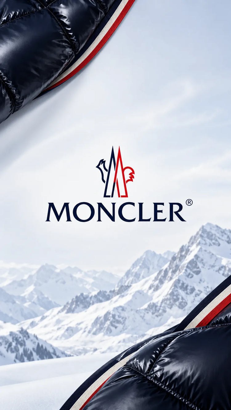 Colección de perfumes Moncler originales en Colombia, con el logotipo oficial de la marca sobre un paisaje alpino de nieve y tonos azul marino, blanco y rojo.