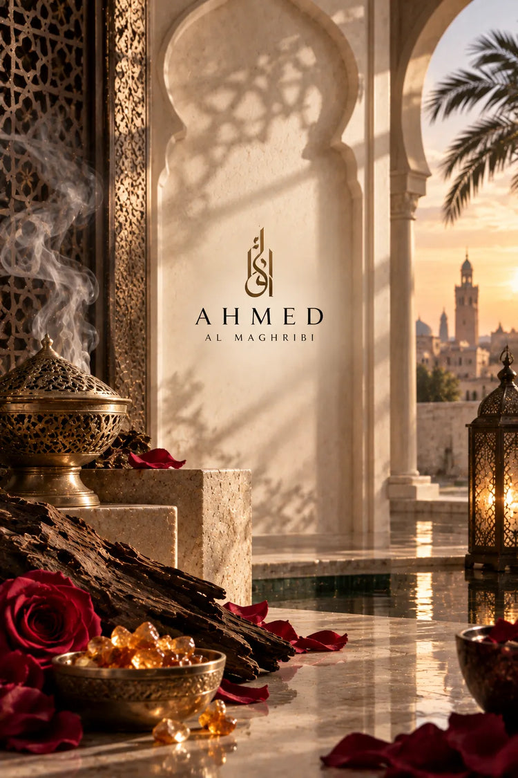 Colección de perfumes Ahmed Al Maghribi unisex representada en un elegante escenario de arquitectura árabe con piedra, arcos, oud, rosas rojas, incienso, ámbar, latón y agua bajo una cálida luz dorada.