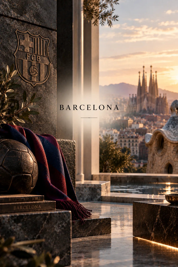 Colección de perfumes Barcelona para hombre representada en un escenario elegante de Barcelona, con arquitectura, mármol, detalles azul y grana y el ambiente del FC Barcelona.