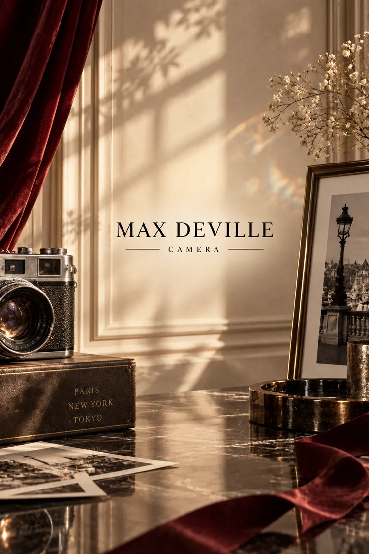 Colección Camera Max Deville representada en un elegante escenario parisino con mármol, terciopelo borgoña, fotografía clásica, detalles dorados y luz cálida, con el logotipo Max Deville Camera centrado.