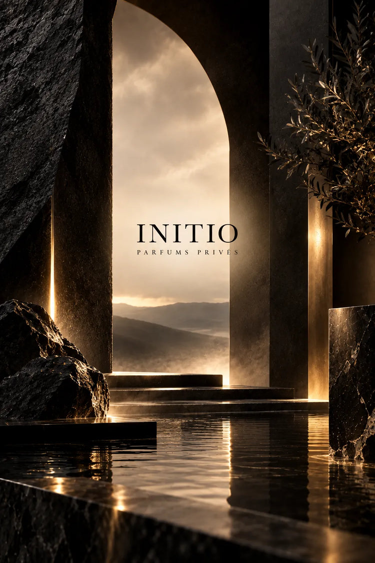 Colección de perfumes Initio Parfums Privés unisex representada mediante una composición arquitectónica de piedra negra, mármol, agua reflectante y luz dorada, con el logotipo de la marca centrado.