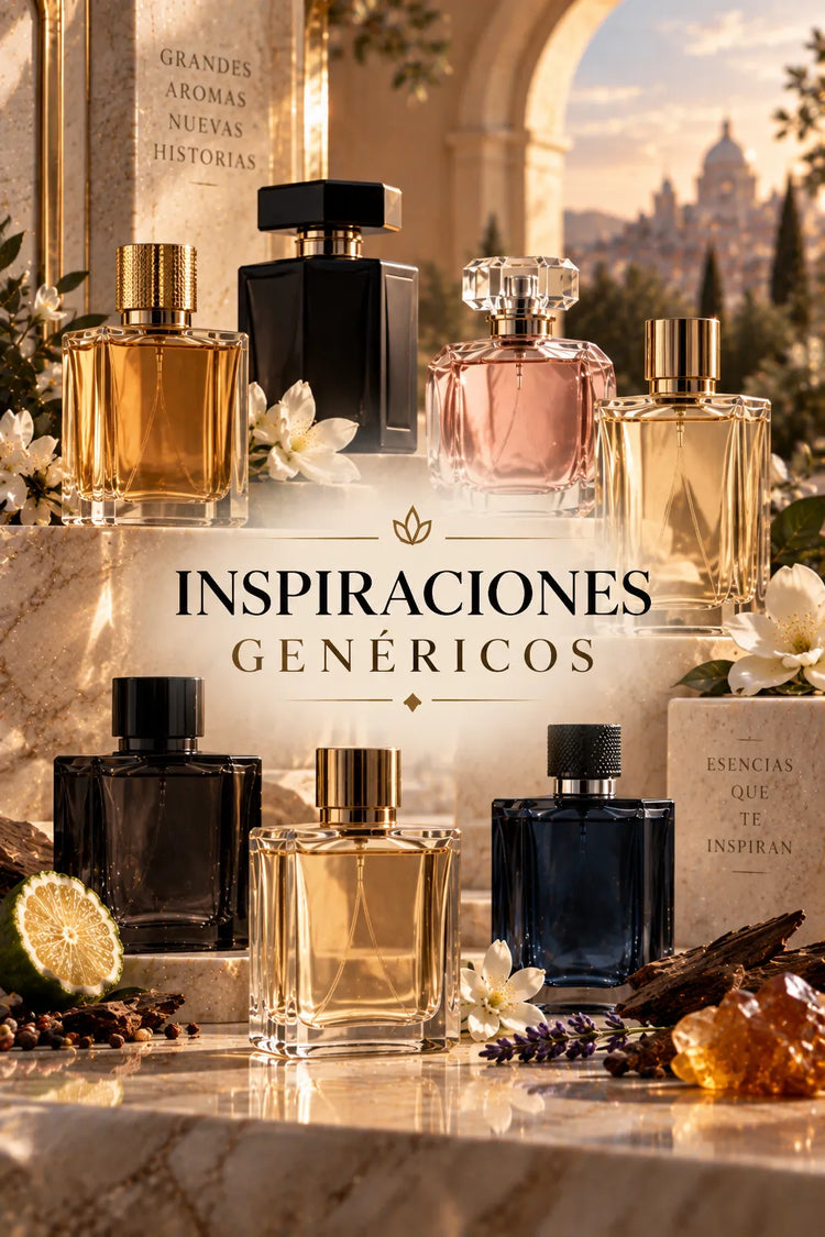 Colección de perfumes de inspiración y genéricos sobre mármol, con frascos elegantes, flores blancas, cítricos, especias, madera y detalles dorados.