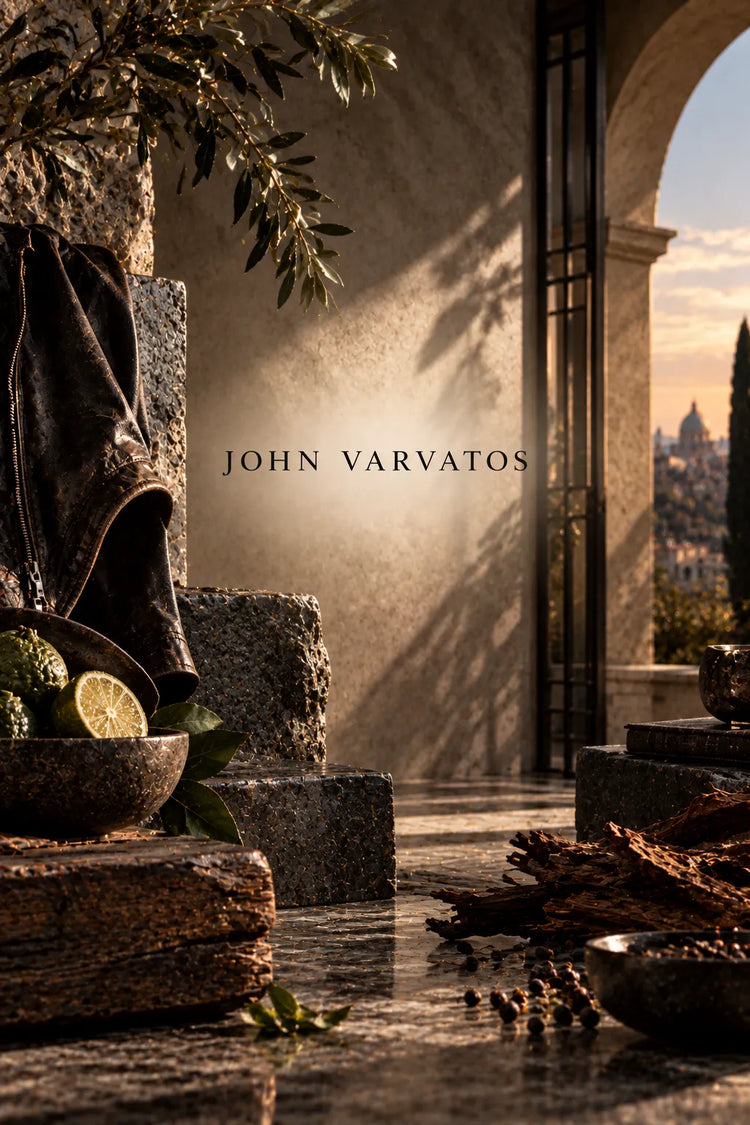 John Varvatos — colección de perfumes originales para hombre representada en un escenario elegante de piedra, cuero, cítricos, especias, madera y luz dorada.