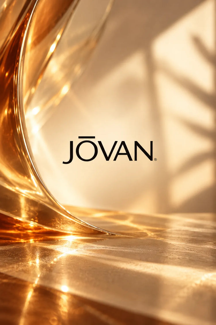 Colección de perfumes Jovan originales con logotipo de la marca sobre fondo elegante en tonos ámbar y dorado.
