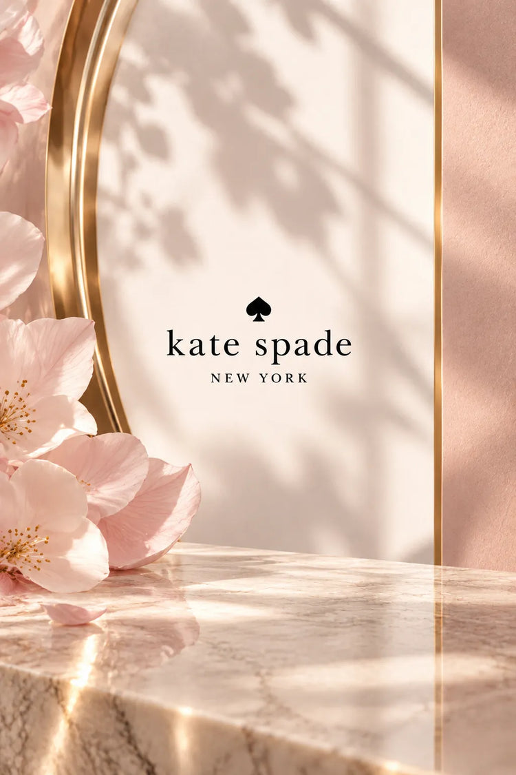 Colección de perfumes Kate Spade para mujer con logotipo de la marca sobre fondo elegante en tonos rosa, crema y dorado.