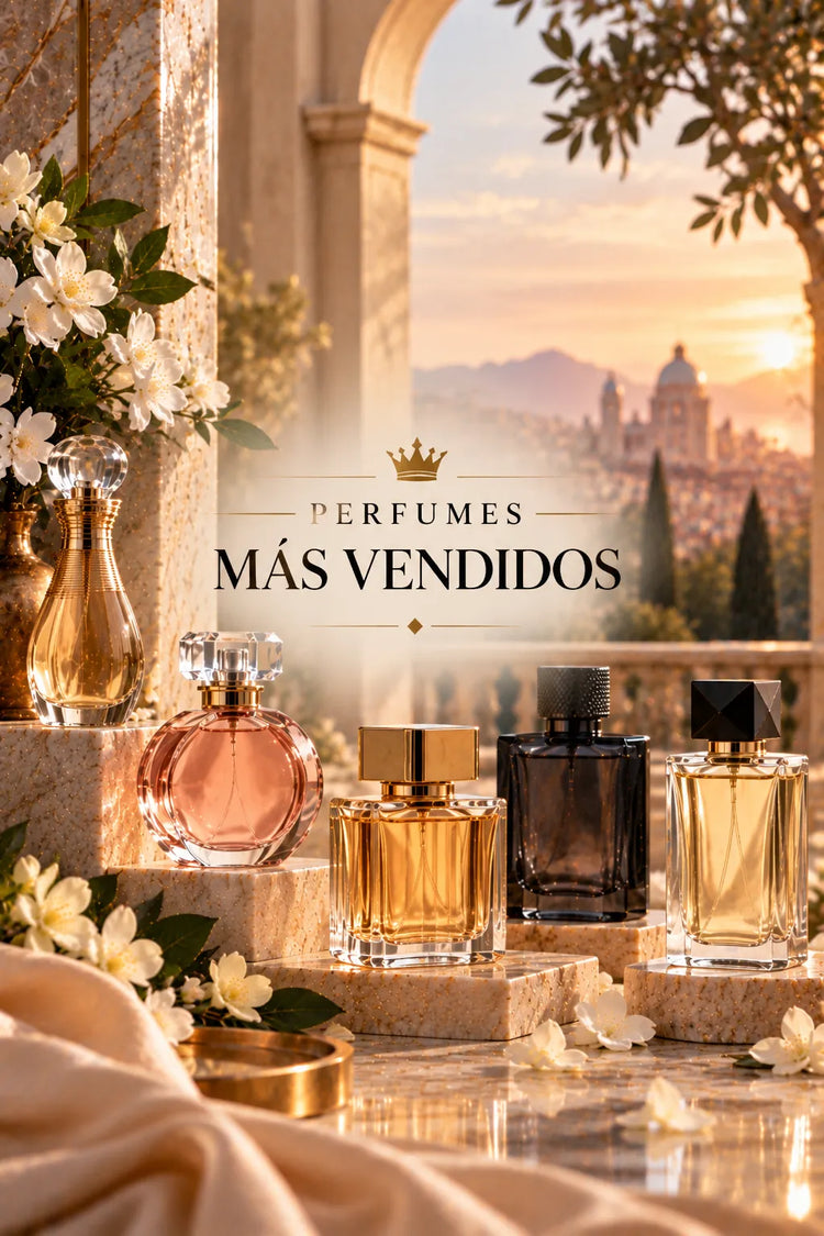 Perfumes más vendidos originales representados en un elegante escenario de mármol, flores blancas, frascos de diferentes estilos y luz dorada.