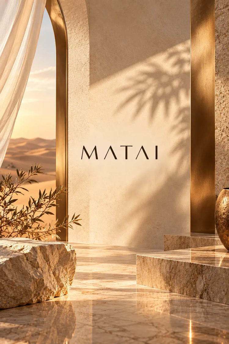 Colección de perfumes Matai unisex con logotipo de la marca sobre un escenario elegante inspirado en el desierto, con piedra, mármol y detalles dorados.
