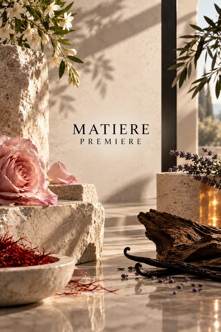 Colección de perfumes Matiere Premiere unisex representada en un escenario de lujo contemporáneo con piedra natural, rosa, lavanda, azafrán, vainilla, madera y luz cálida, con el logotipo de la marca centrado.