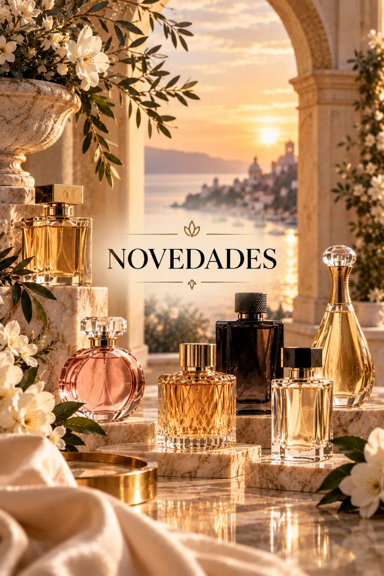 Novedades en perfumes representadas con elegantes frascos sobre mármol, flores blancas, detalles dorados y una atmósfera mediterránea de lujo.
