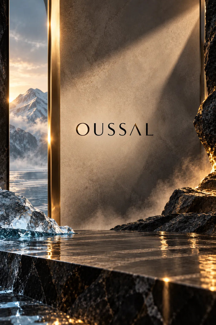 Colección de perfumes Oussal unisex con logotipo de la marca sobre un escenario de roca, hielo, agua y luz dorada inspirado en la naturaleza.