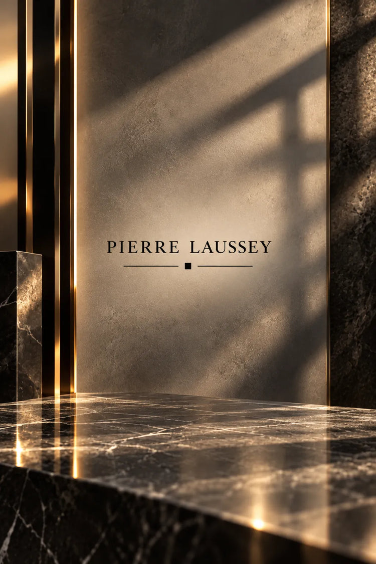Colección de perfumes Pierre Laussey para hombre con logotipo de la marca sobre un elegante fondo de piedra, mármol y detalles dorados.
