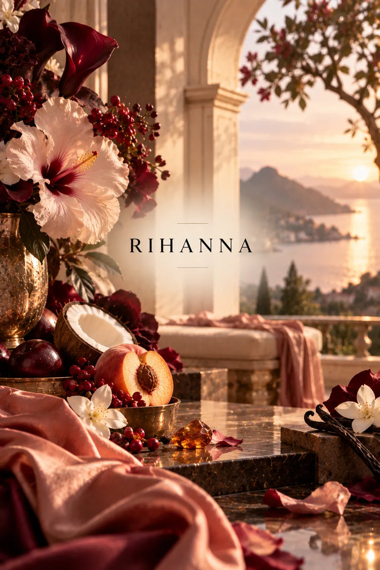 Colección de perfumes Rihanna para mujer representada en un escenario elegante con flores tropicales, frutos rojos, coco, ciruela, durazno, seda, mármol y luz dorada frente a un paisaje costero.