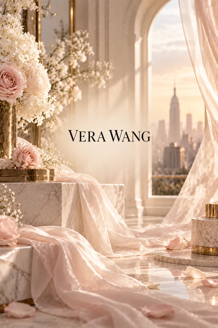 Colección de perfumes Vera Wang para mujer y hombre representada en un elegante escenario de mármol, seda, rosas, hortensias y detalles dorados, con el logotipo Vera Wang centrado y una atmósfera romántica y sofisticada.