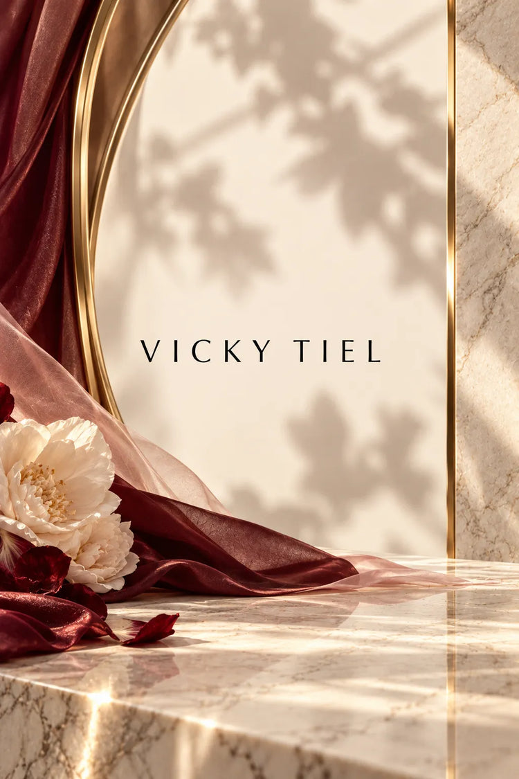 Colección de perfumes Vicky Tiel para mujer con logotipo de la marca sobre un elegante fondo de mármol, seda borgoña y detalles dorados.