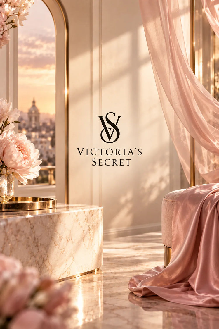 Colección de perfumes Victoria’s Secret para mujer representada en un escenario elegante con mármol, seda rosa, flores, detalles dorados y luz cálida, con el logotipo de Victoria’s Secret centrado.