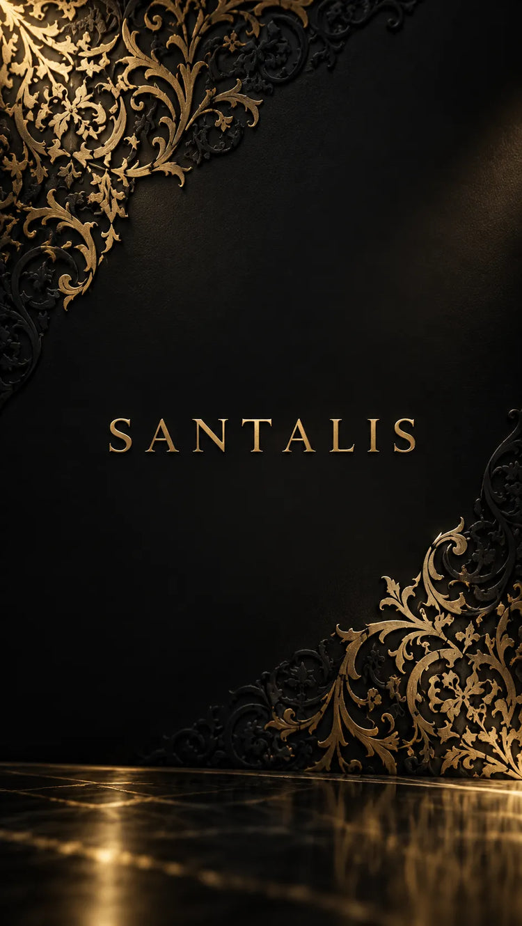 Nombre de Santalis en letras doradas sobre fondo negro, con arabescos en relieve y reflejos cálidos en la base.