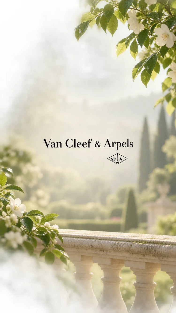 Logotipo negro de Van Cleef & Arpels sobre un jardín luminoso, con flores blancas, follaje verde y una balaustrada de piedra.