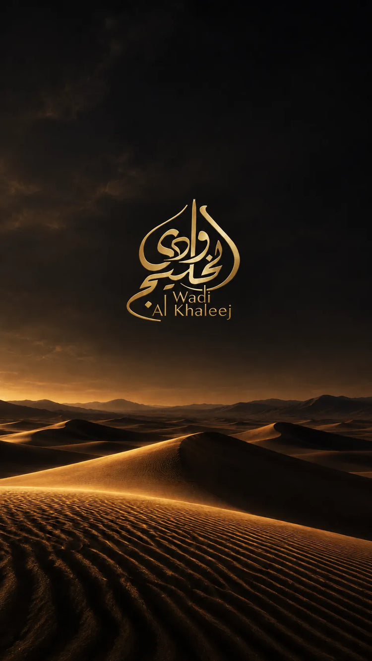 Logotipo dorado de Wadi Al Khaleej centrado sobre un paisaje de dunas, con cielo oscuro y reflejos cálidos en la arena.