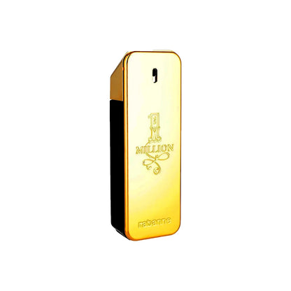 Frasco dorado de Paco Rabanne 1 Million Eau de Toilette 200 ml para hombre con laterales negros sobre fondo blanco