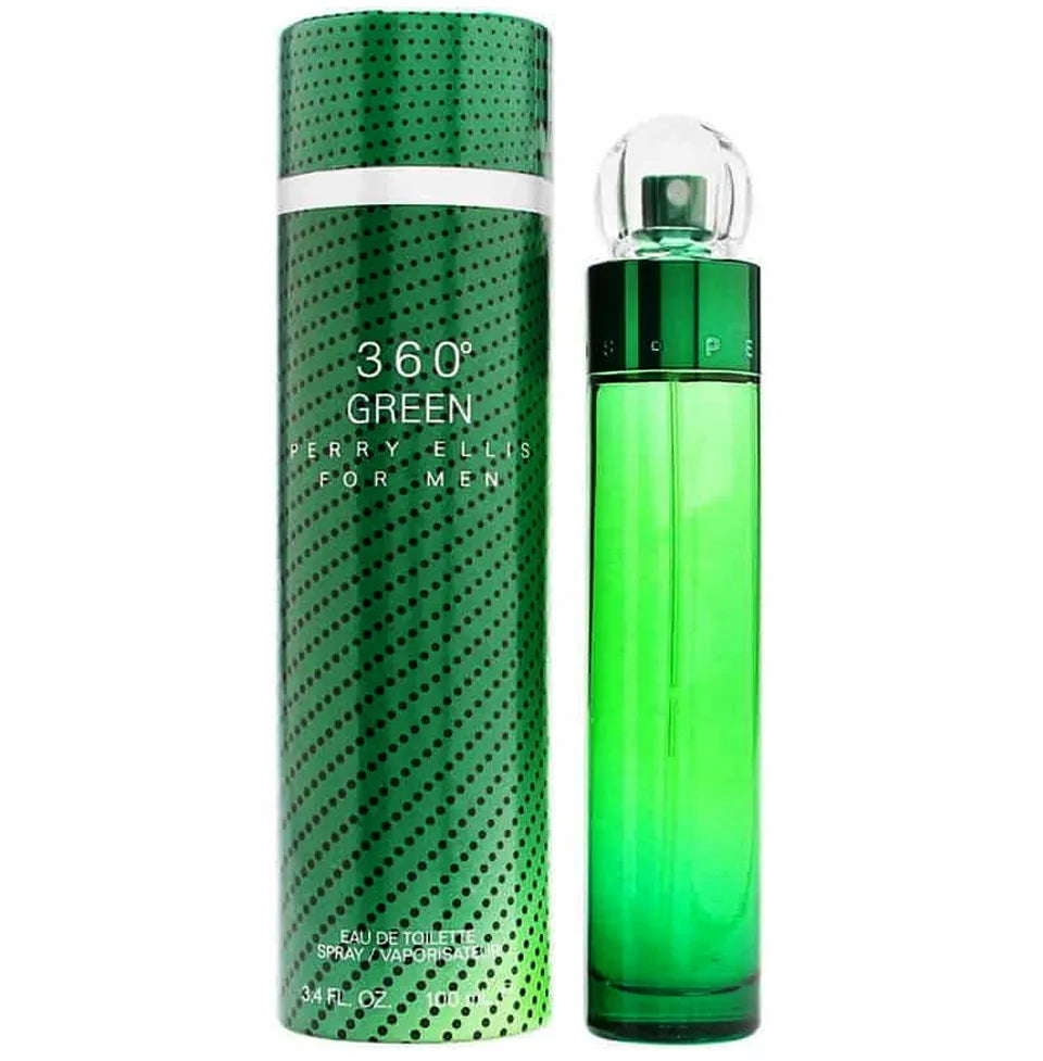 Vista frontal del perfume 360 Green Perry Ellis fragancia masculina fresca y verde