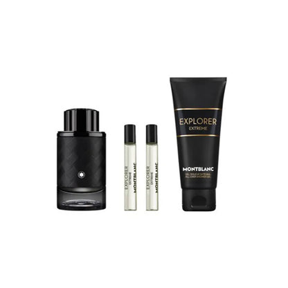 presentación de las 4 piezas del estuche set de perfumes masculino montblanc explorer extreme