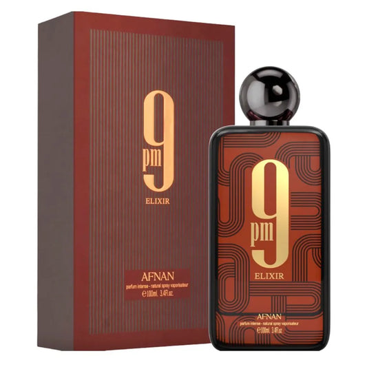 imagen del perfume 9 pm elixir afnan parfum intense mostrando su frasco elegante en tonos oscuros y dorados