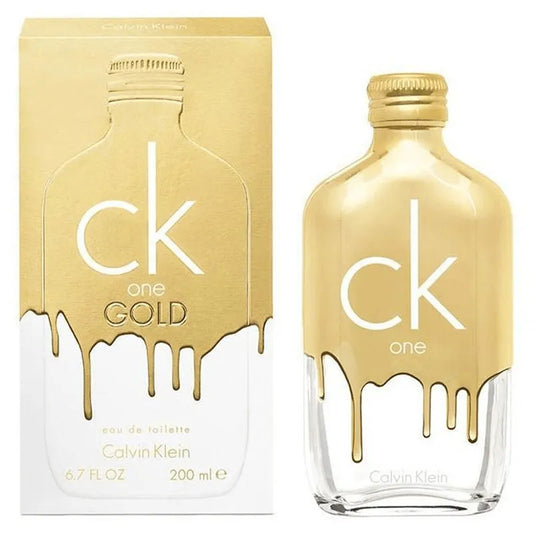 Perfume Ck One Gold de Calvin Klein en frasco de 200ml con una fragancia unisex moderna y vibrante