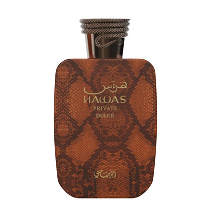 Frasco de Hawas Private Dulce Rasasi 100 ml EDP, perfume unisex dulce y gourmand