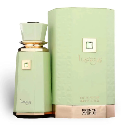 Perfume French Avenue Luscious Fragrance World 100ml botella elegante sobre fondo blanco