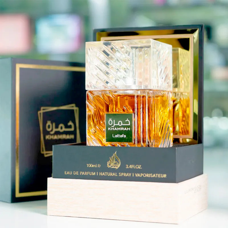 Presentación Lattafa Khamrah 100 ml Unisex Eau de Parfum completa