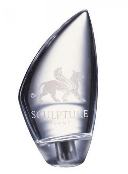 imagen del perfume Sculpture Homme de Nikos Parfums resalta su color plateado y brillo elegante destacando aroma duradero y exclusivo