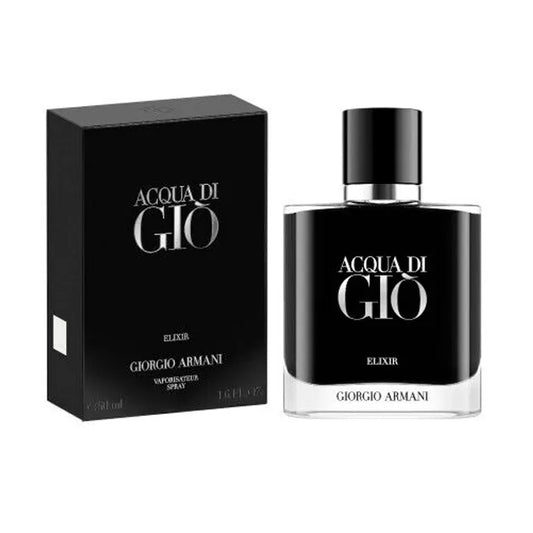 Botella negra oscuro Acqua Di Gio Elixir Armani 50ml con diseño facetado y logo plateado