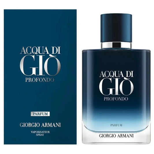 frasco de perfume acqua di gio profondo de giorgio armani para hombre 100ml sobre fondo blanco
