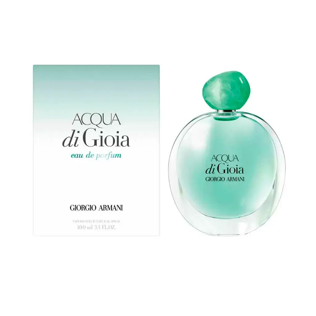 imagen del perfume acqua di gioia eau de parfum giorgio armani 100 ml mostrando su frasco verde transparente con fondo neutro