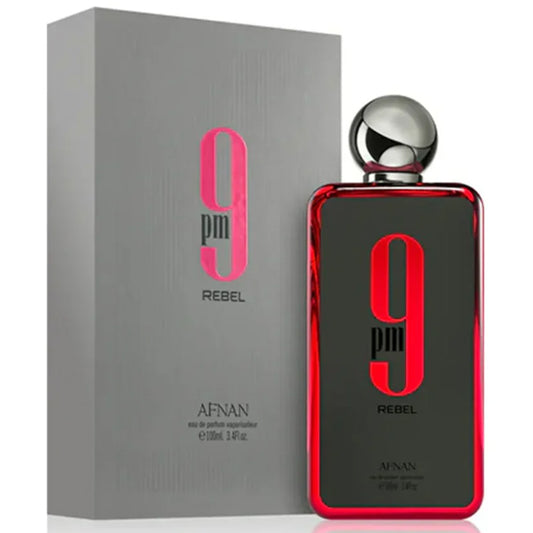 Afnan 9PM Rebel EDP 100 ml perfume masculino aroma intenso y sofisticado combinación de especias cálidas notas cremosas y maderas nobles ideal para noche