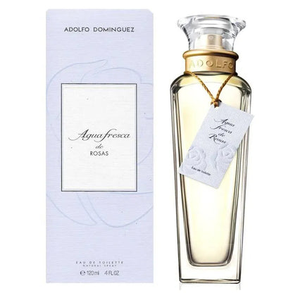envase del perfume femenino agua fresca de rosas adolfo dominguez edt sobre fondo blanco
