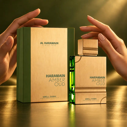 presentación publicitaria de al haramain amber oud smell dubai extrait de parfum 100 ml