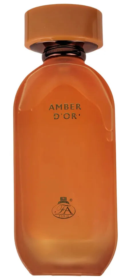 Caja del perfume Amber D´or Fragrance World con diseño dorado y detalles decorativos