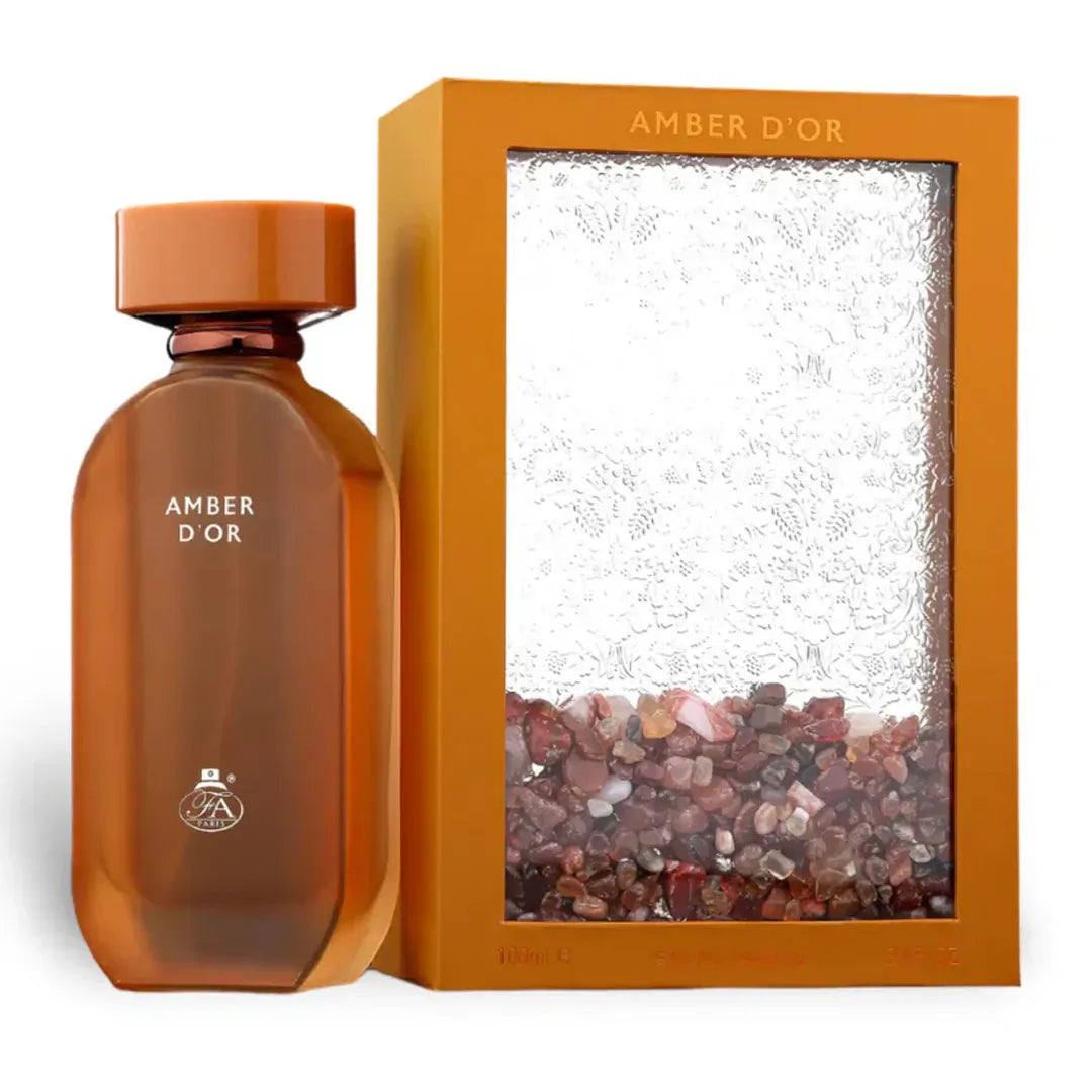 Frasco del perfume Amber D´or Fragrance World 100 ml con diseño dorado elegante
