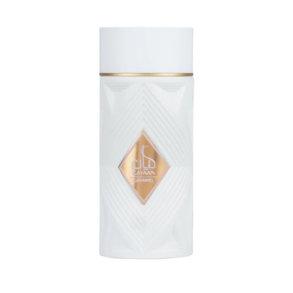 Botella del perfume Kayaan Caramel Ansam de Armaf en vista frontal mostrando el diseño elegante y tapa metálica