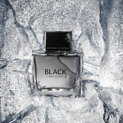 frontal del frasco de black seduction antonio banderas 100 ml edt con reflejos oscuros y tapa cuadrada